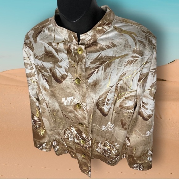 🔥 Chico's Additions Feathers Jacket Chicos 2 Misses L Cotton Gold Brown Dressy - Picture 8 of 11